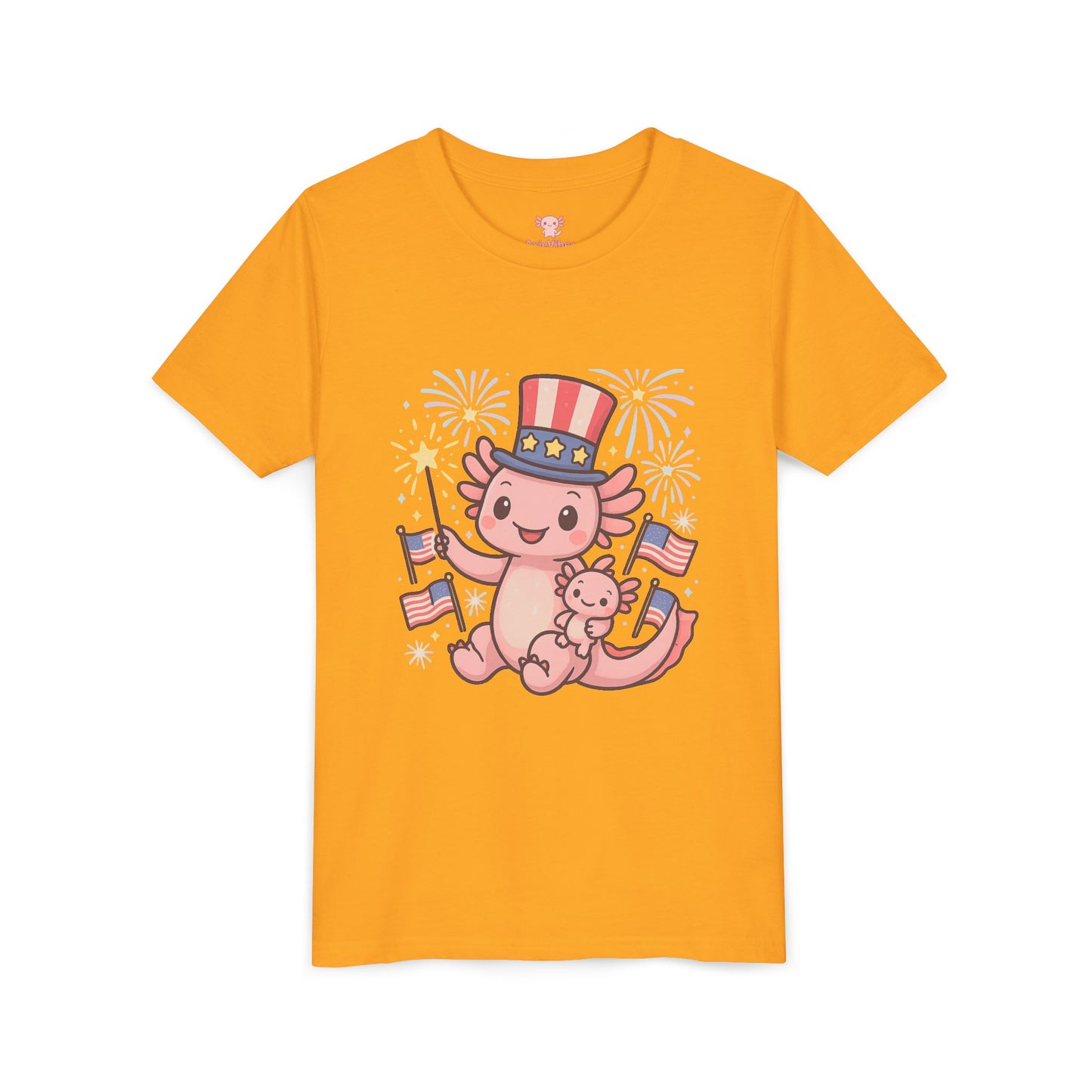 4th of July Kid's Tee, Youth Independence Day T-Shirt, Cute Patriot Axolotl Shirt, Summer Party Wear, Cute Animal Graphic Tee