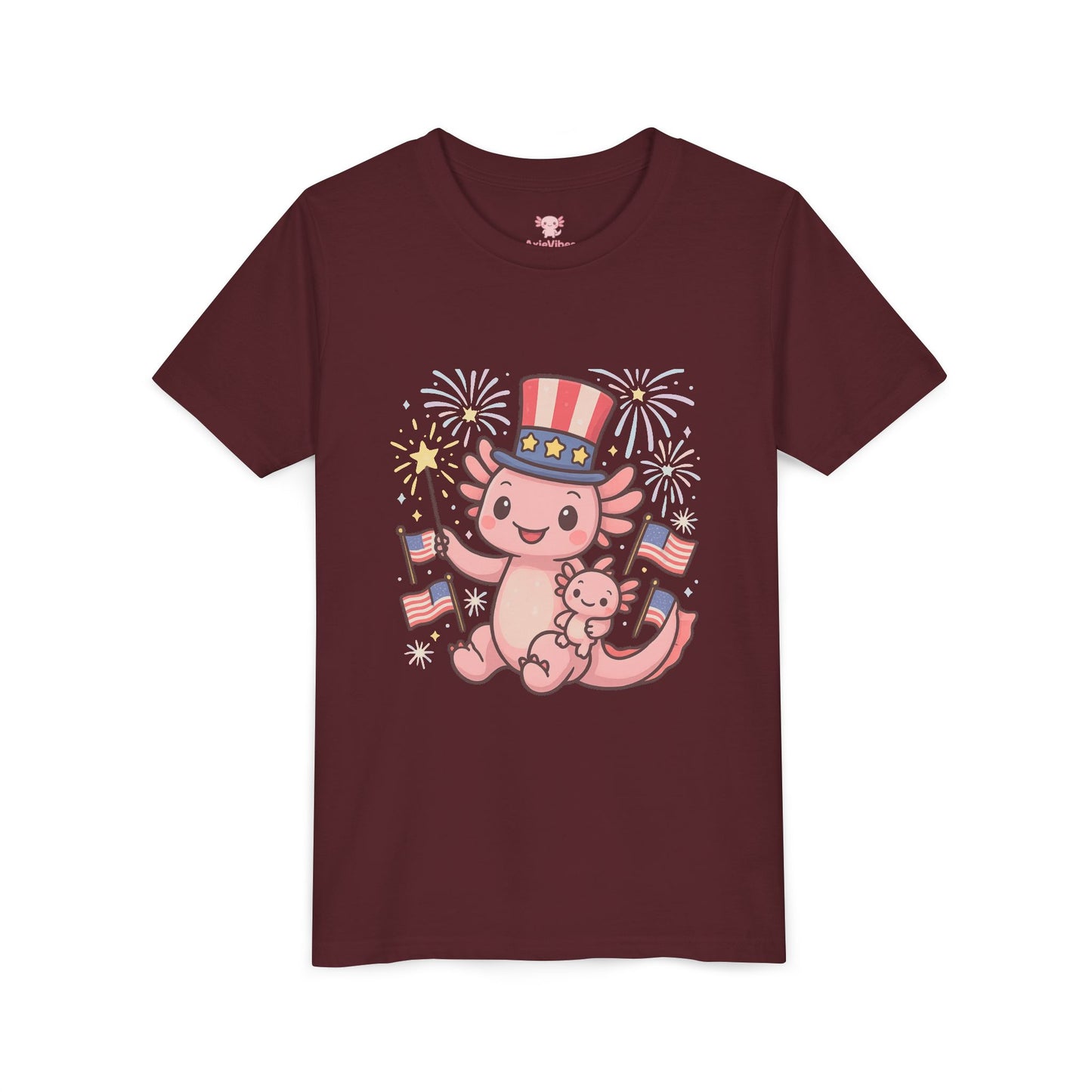 4th of July Kid's Tee, Youth Independence Day T-Shirt, Cute Patriot Axolotl Shirt, Summer Party Wear, Cute Animal Graphic Tee
