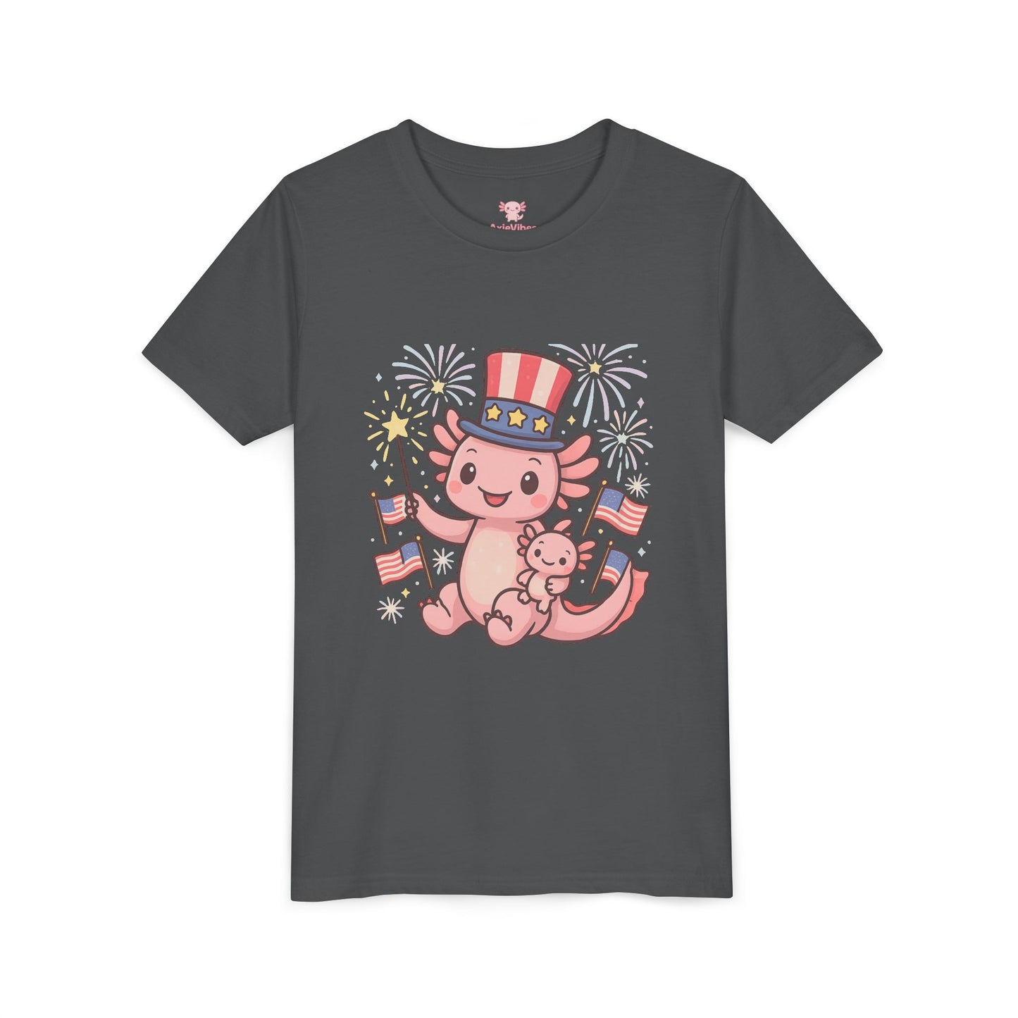 4th of July Kid's Tee, Youth Independence Day T-Shirt, Cute Patriot Axolotl Shirt, Summer Party Wear, Cute Animal Graphic Tee
