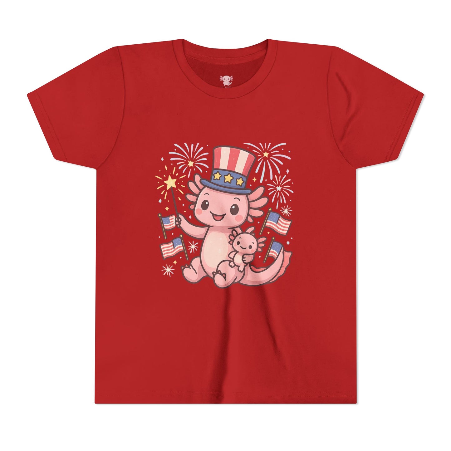 4th of July Kid's Tee, Youth Independence Day T-Shirt, Cute Patriot Axolotl Shirt, Summer Party Wear, Cute Animal Graphic Tee