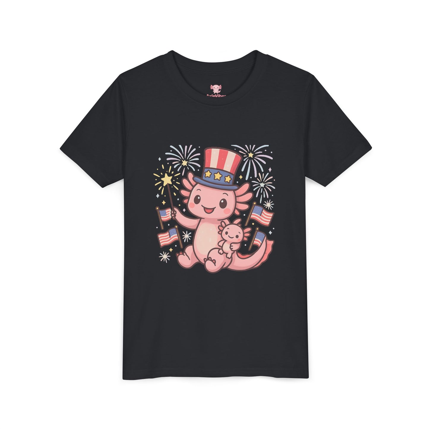 4th of July Kid's Tee, Youth Independence Day T-Shirt, Cute Patriot Axolotl Shirt, Summer Party Wear, Cute Animal Graphic Tee
