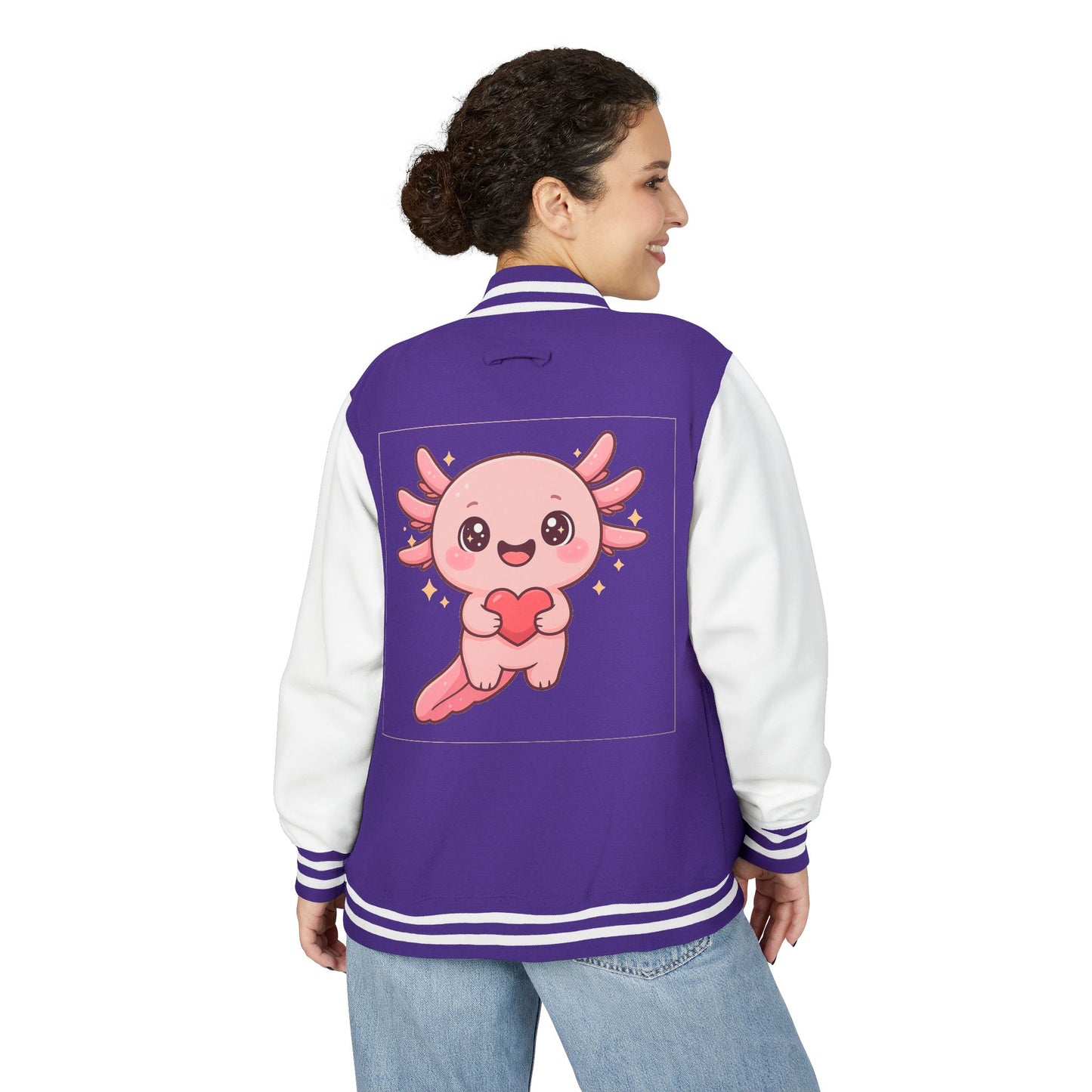 Cute Unisex Heavyweight Letterman Jacket with Adorable Axolotl Design