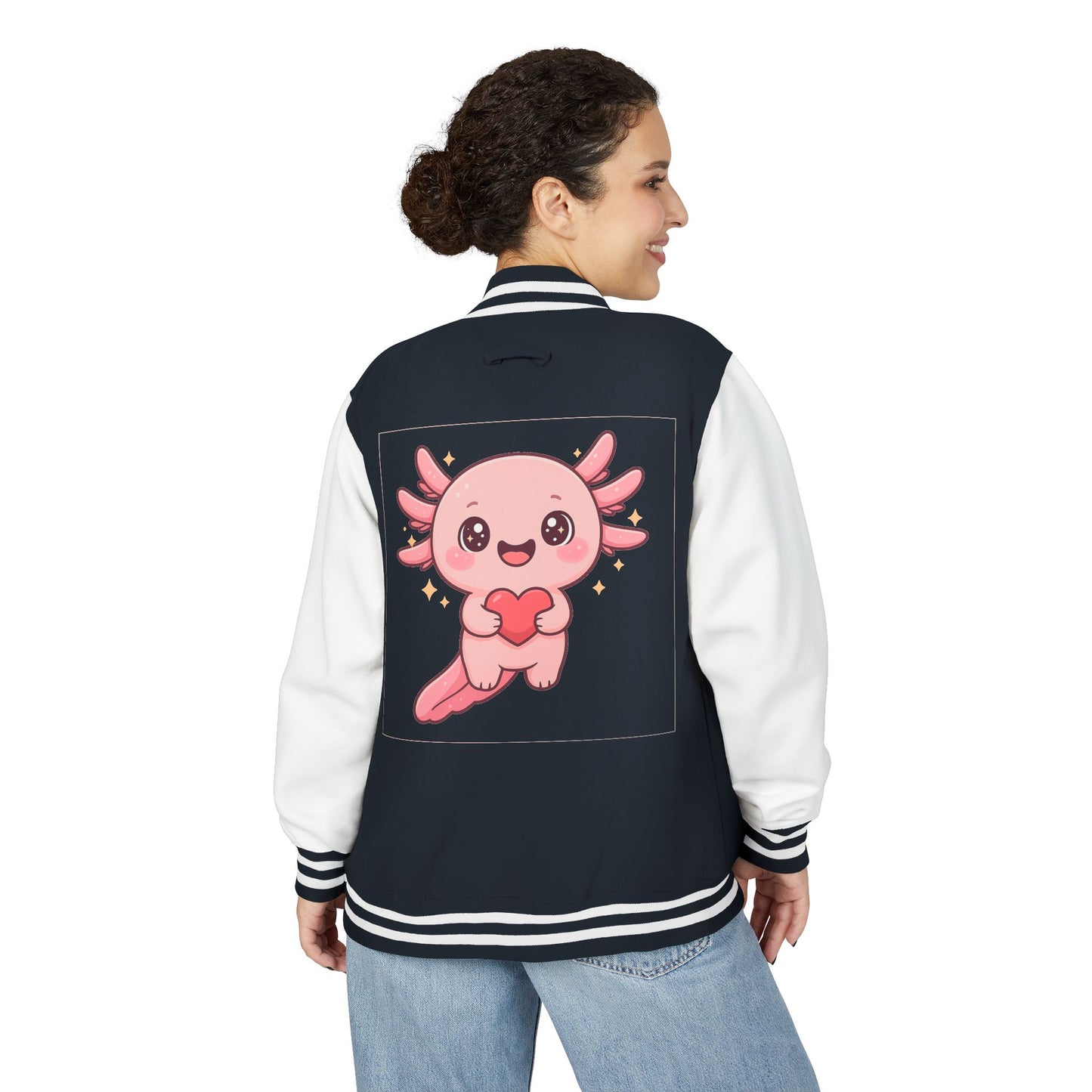 Cute Unisex Heavyweight Letterman Jacket with Adorable Axolotl Design