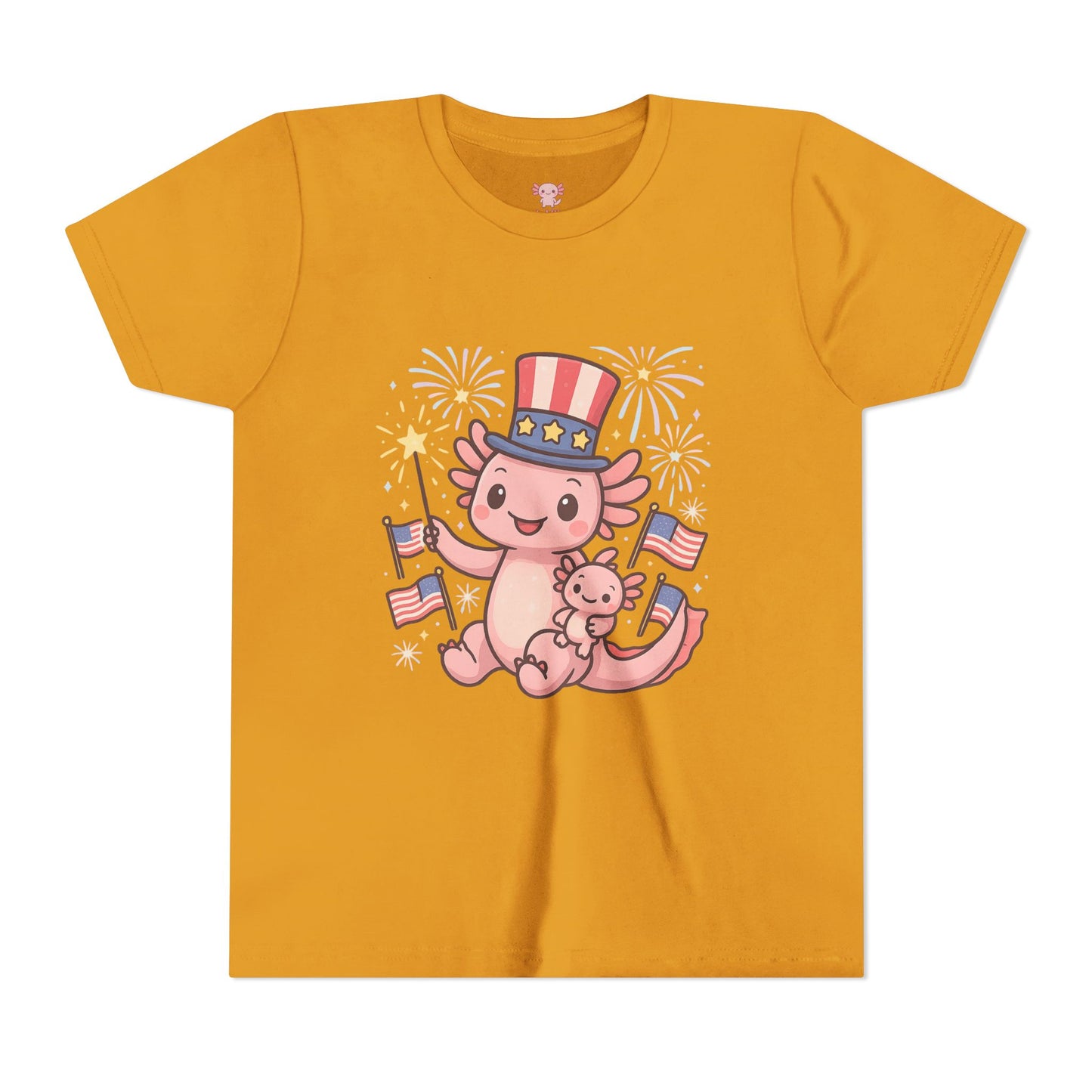 4th of July Kid's Tee, Youth Independence Day T-Shirt, Cute Patriot Axolotl Shirt, Summer Party Wear, Cute Animal Graphic Tee
