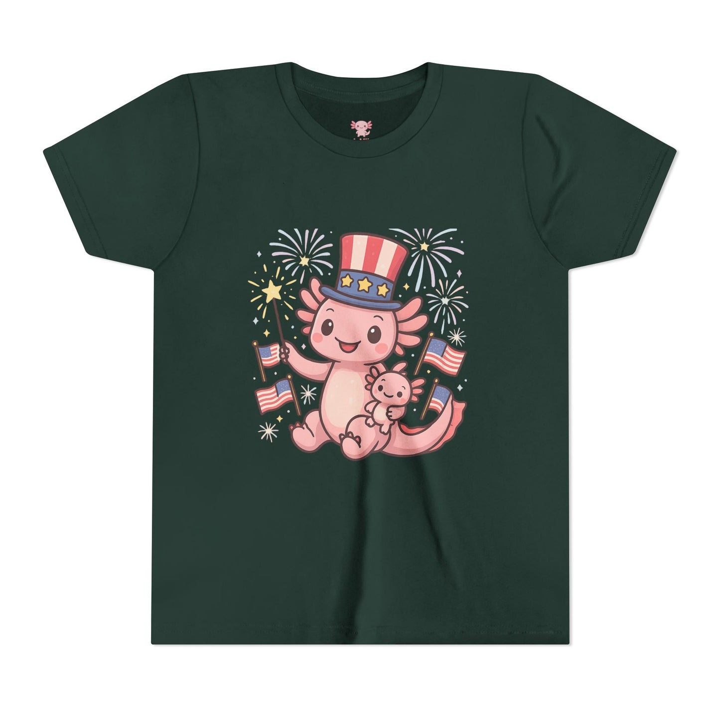 4th of July Kid's Tee, Youth Independence Day T-Shirt, Cute Patriot Axolotl Shirt, Summer Party Wear, Cute Animal Graphic Tee