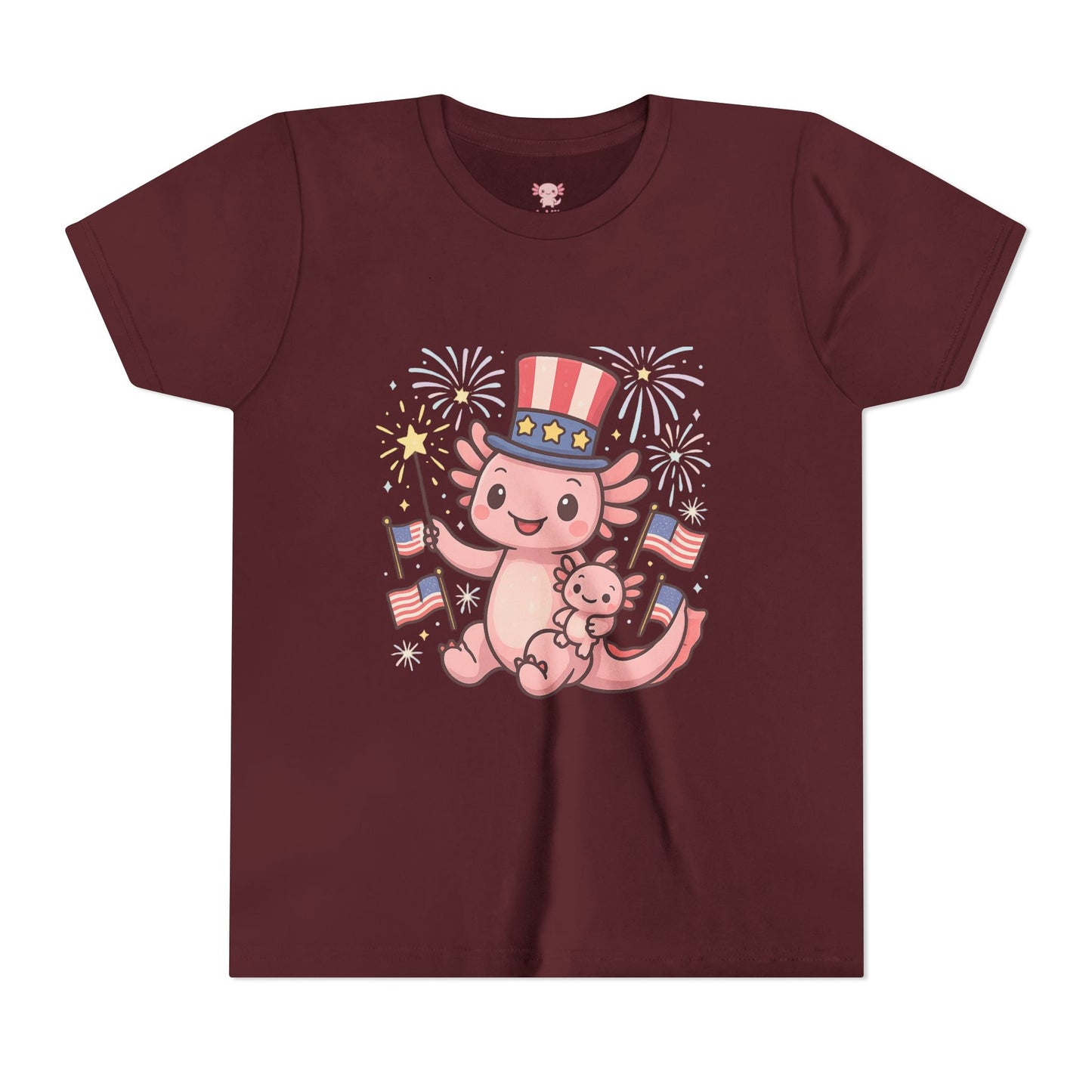 4th of July Kid's Tee, Youth Independence Day T-Shirt, Cute Patriot Axolotl Shirt, Summer Party Wear, Cute Animal Graphic Tee
