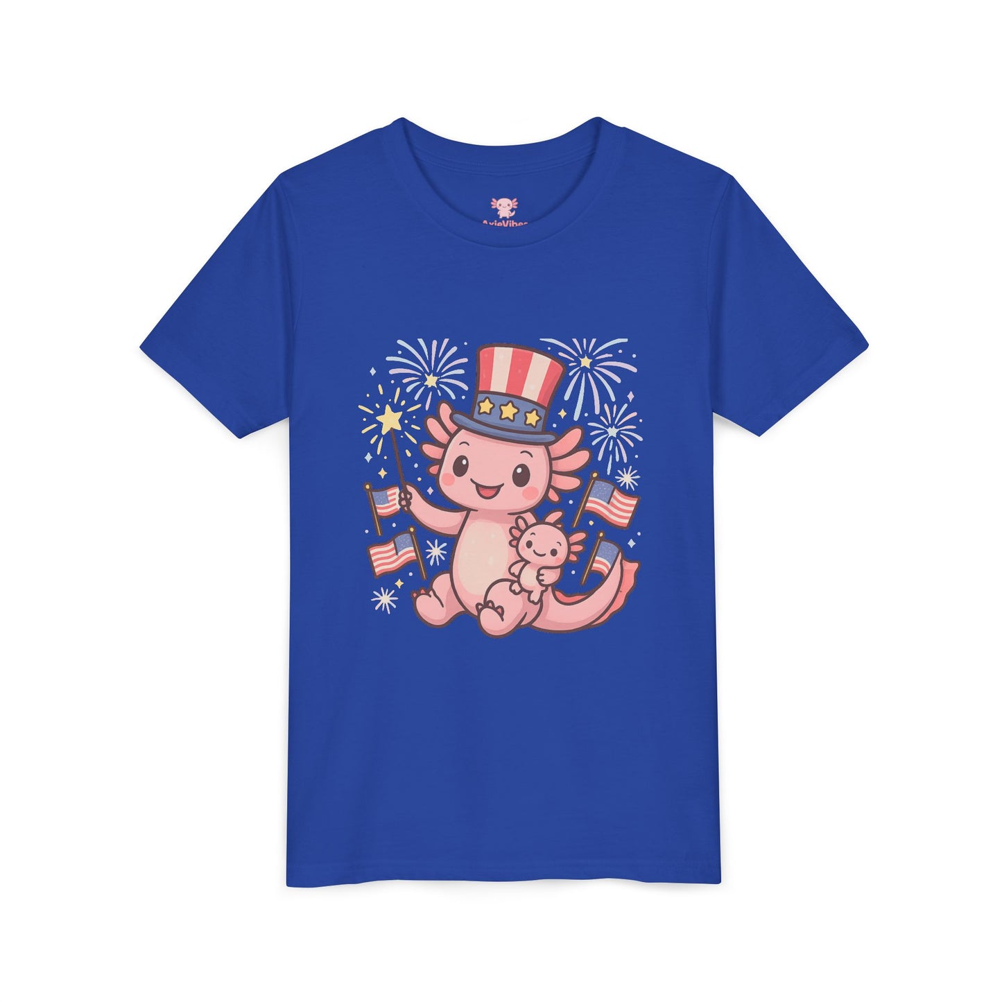 4th of July Kid's Tee, Youth Independence Day T-Shirt, Cute Patriot Axolotl Shirt, Summer Party Wear, Cute Animal Graphic Tee