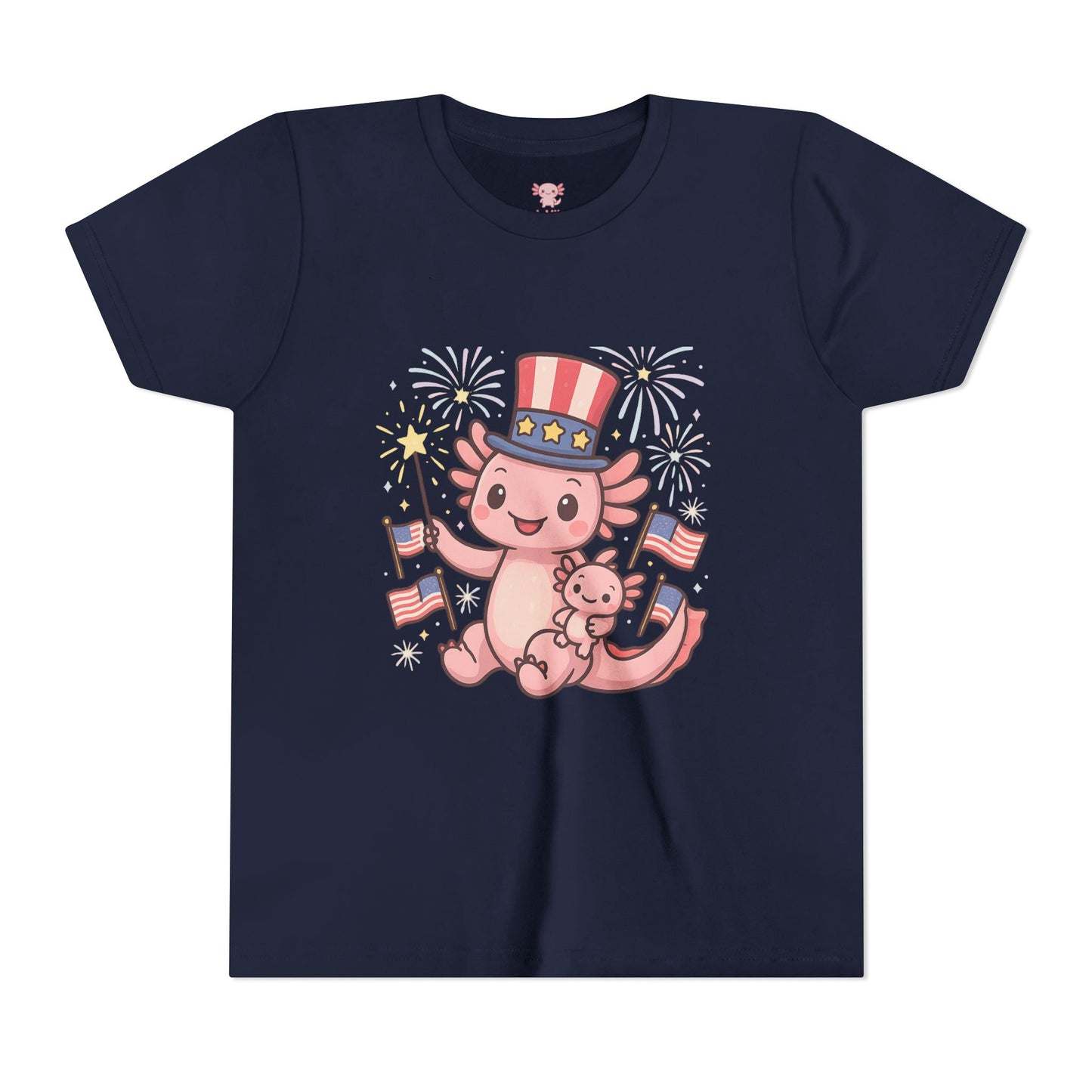 4th of July Kid's Tee, Youth Independence Day T-Shirt, Cute Patriot Axolotl Shirt, Summer Party Wear, Cute Animal Graphic Tee