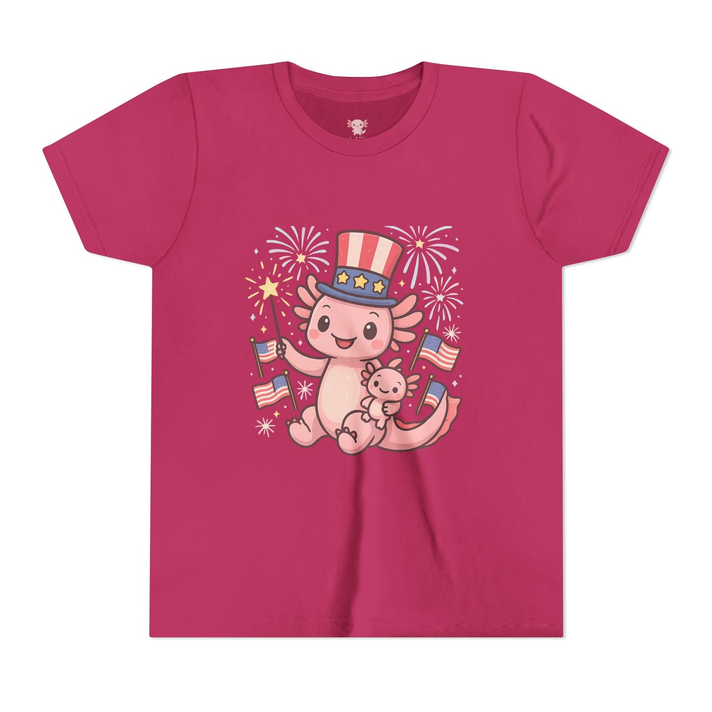 4th of July Kid's Tee, Youth Independence Day T-Shirt, Cute Patriot Axolotl Shirt, Summer Party Wear, Cute Animal Graphic Tee