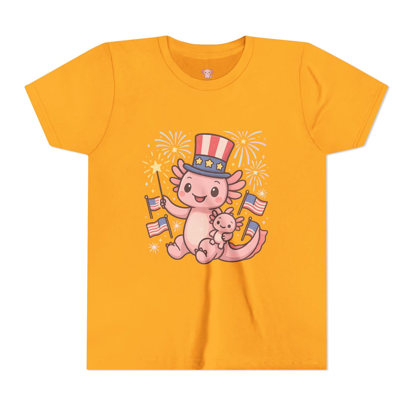 4th of July Kid's Tee, Youth Independence Day T-Shirt, Cute Patriot Axolotl Shirt, Summer Party Wear, Cute Animal Graphic Tee