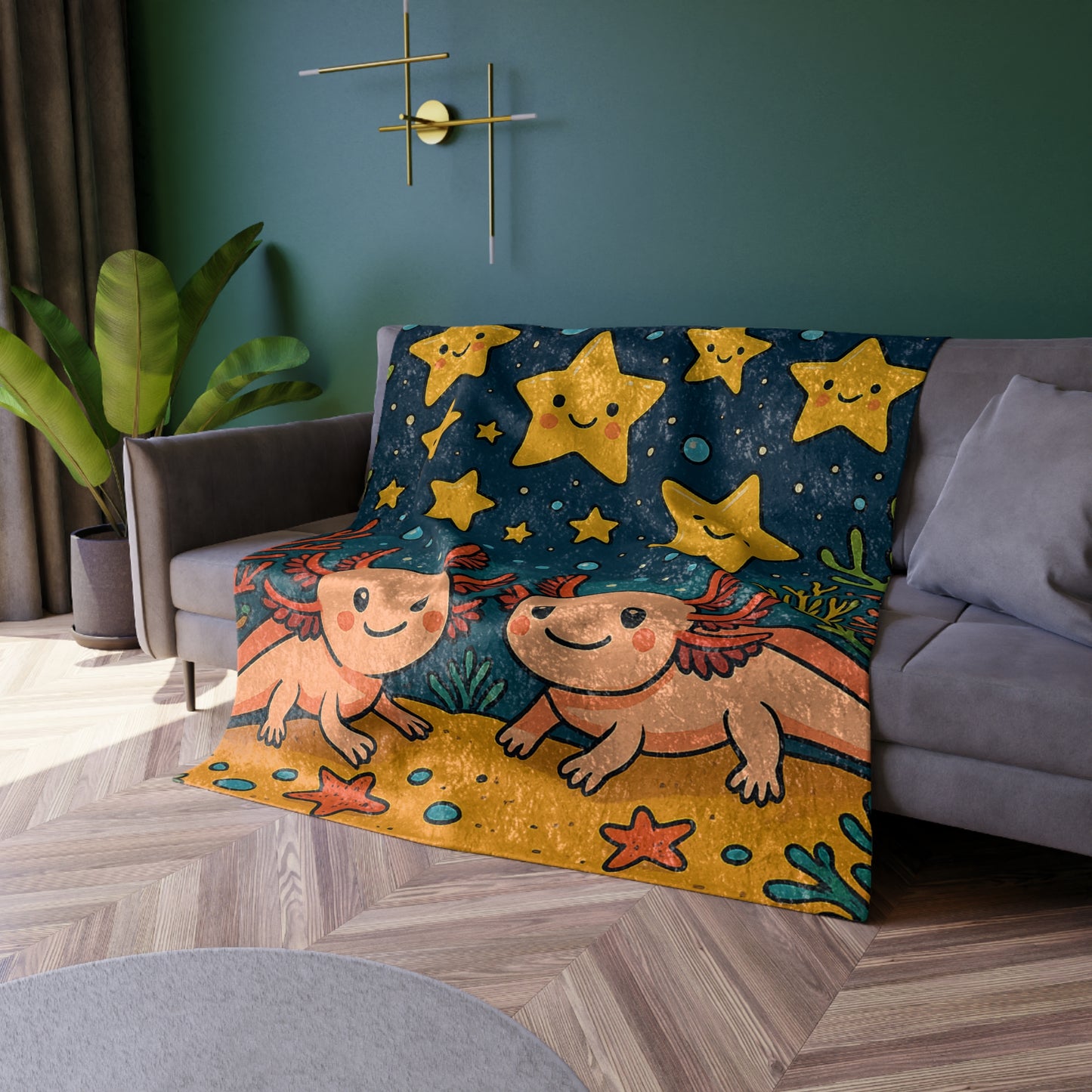Cozy Crushed Velvet Blanket with Adorable Axolotl and Star Design - Perfect Gift for Kids and Animal Lovers