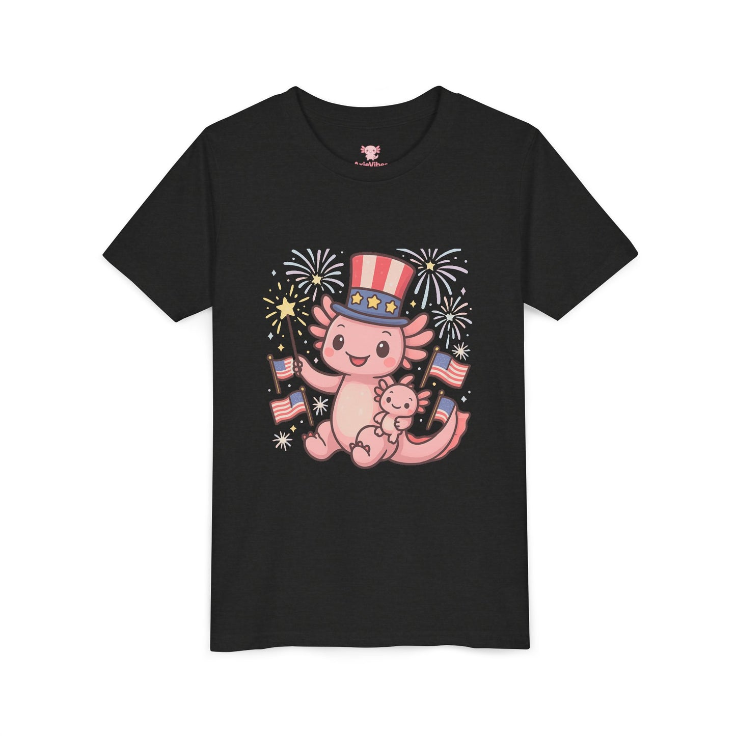 4th of July Kid's Tee, Youth Independence Day T-Shirt, Cute Patriot Axolotl Shirt, Summer Party Wear, Cute Animal Graphic Tee
