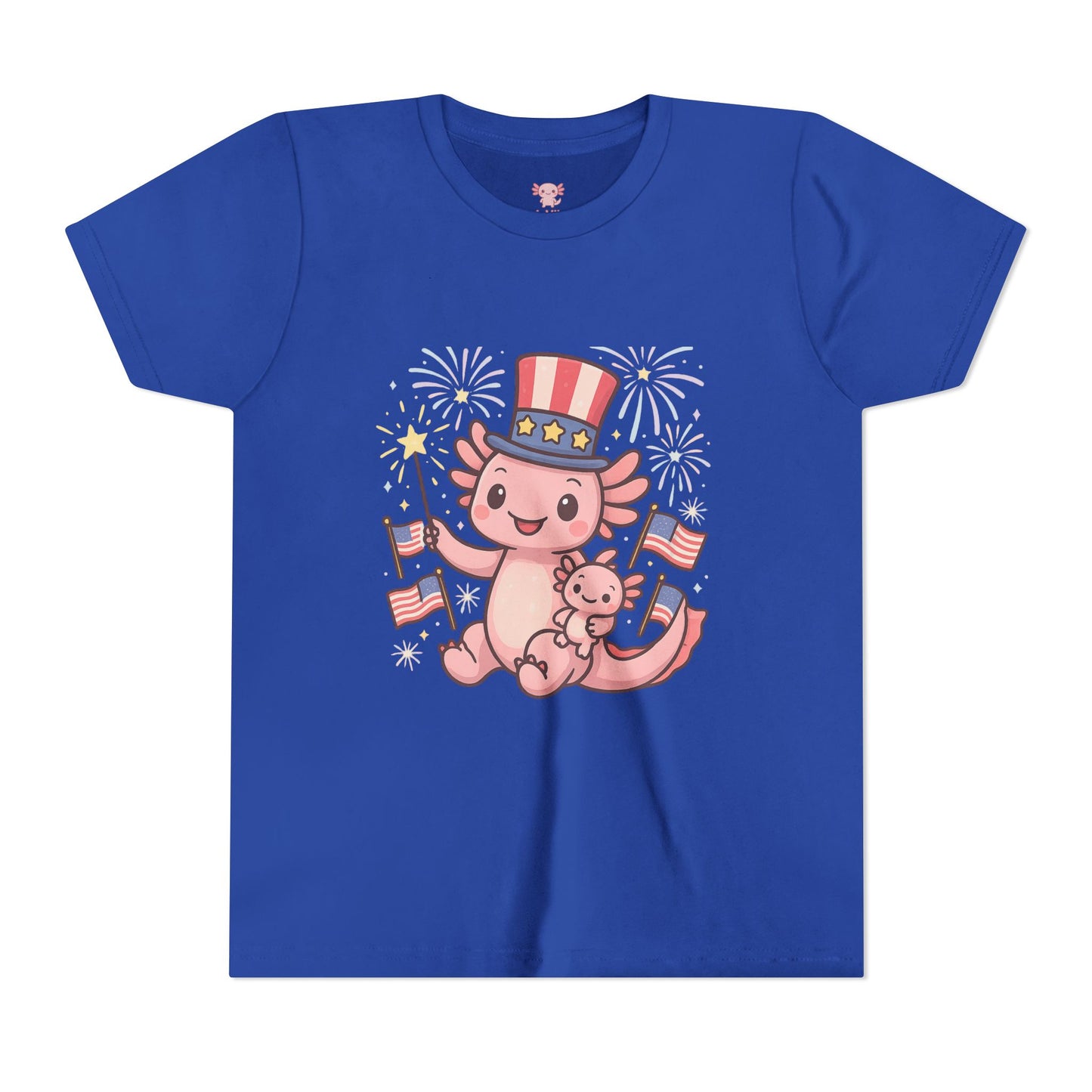 4th of July Kid's Tee, Youth Independence Day T-Shirt, Cute Patriot Axolotl Shirt, Summer Party Wear, Cute Animal Graphic Tee