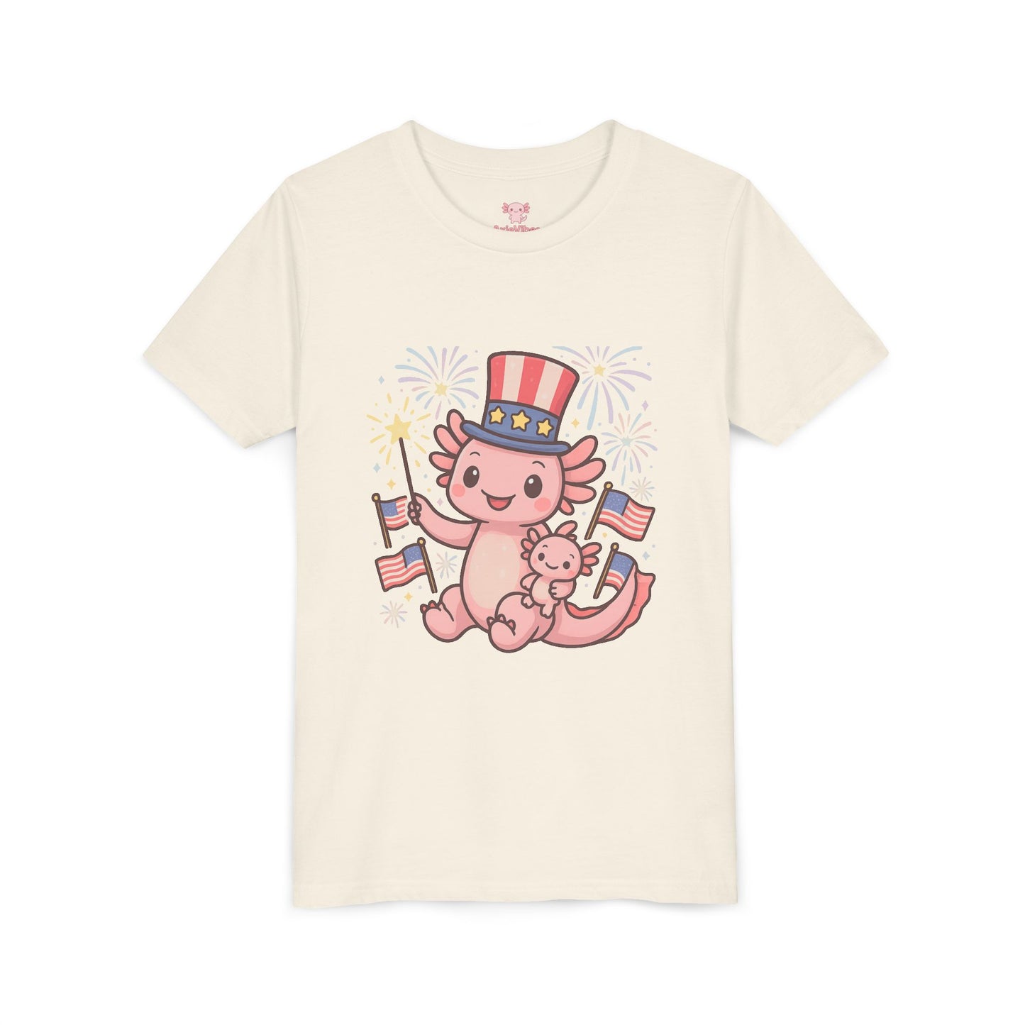 4th of July Kid's Tee, Youth Independence Day T-Shirt, Cute Patriot Axolotl Shirt, Summer Party Wear, Cute Animal Graphic Tee