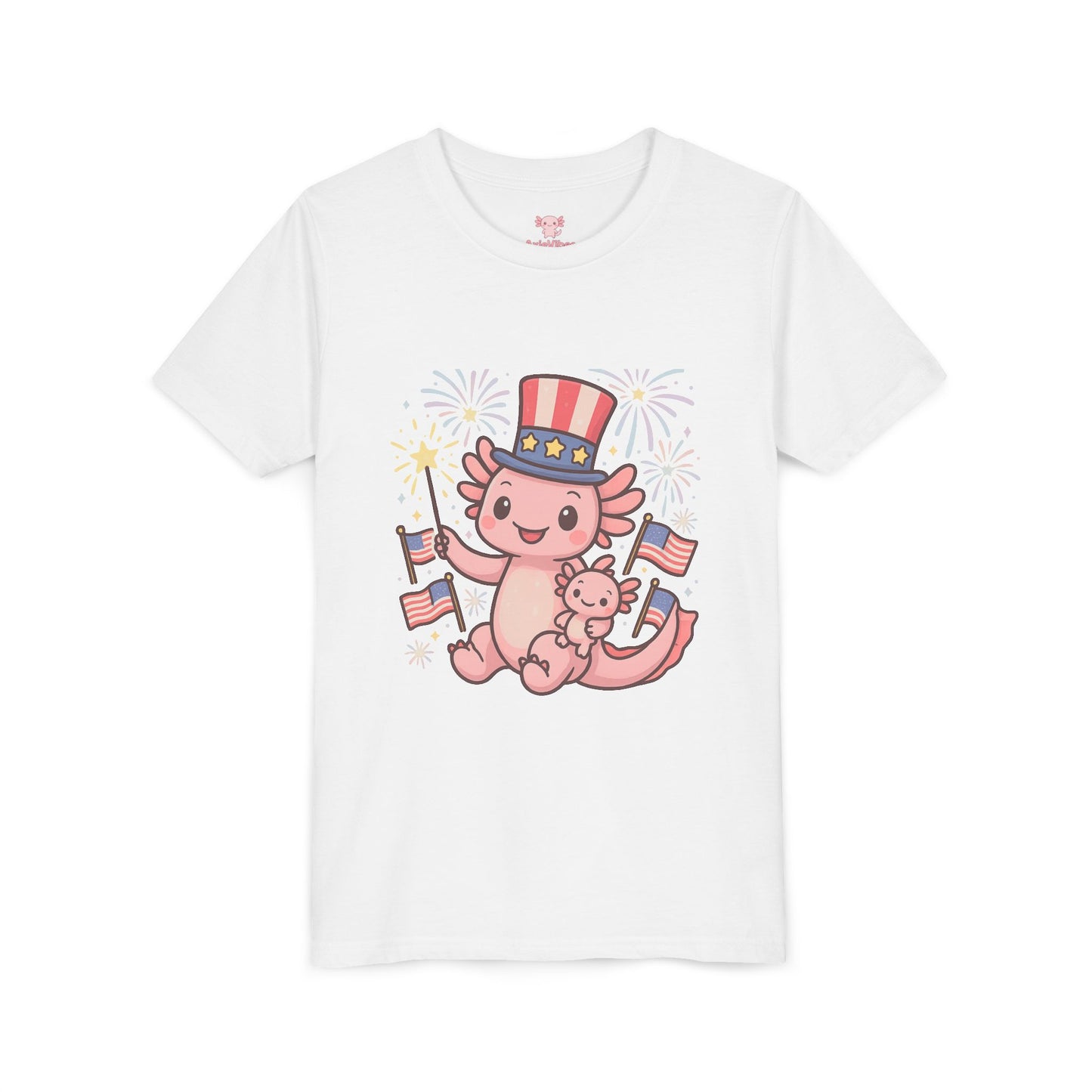4th of July Kid's Tee, Youth Independence Day T-Shirt, Cute Patriot Axolotl Shirt, Summer Party Wear, Cute Animal Graphic Tee
