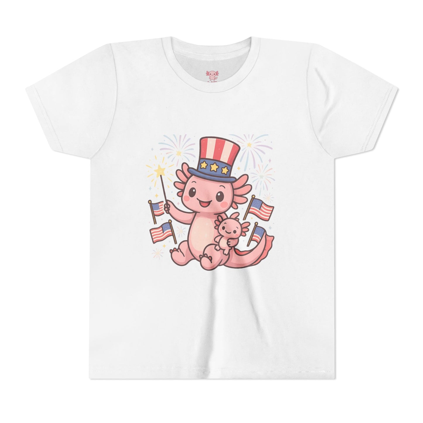 4th of July Kid's Tee, Youth Independence Day T-Shirt, Cute Patriot Axolotl Shirt, Summer Party Wear, Cute Animal Graphic Tee