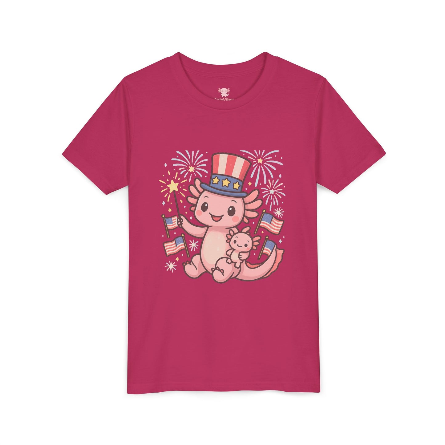 4th of July Kid's Tee, Youth Independence Day T-Shirt, Cute Patriot Axolotl Shirt, Summer Party Wear, Cute Animal Graphic Tee