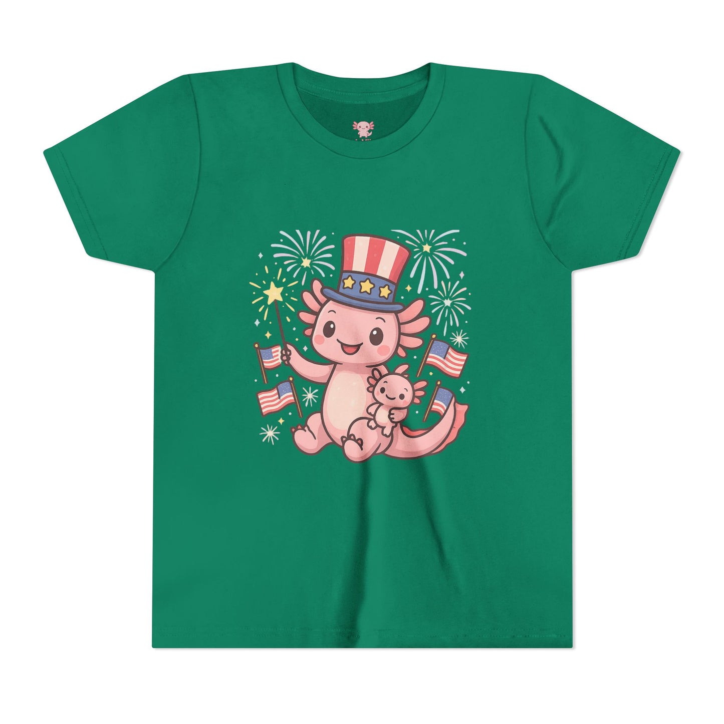 4th of July Kid's Tee, Youth Independence Day T-Shirt, Cute Patriot Axolotl Shirt, Summer Party Wear, Cute Animal Graphic Tee