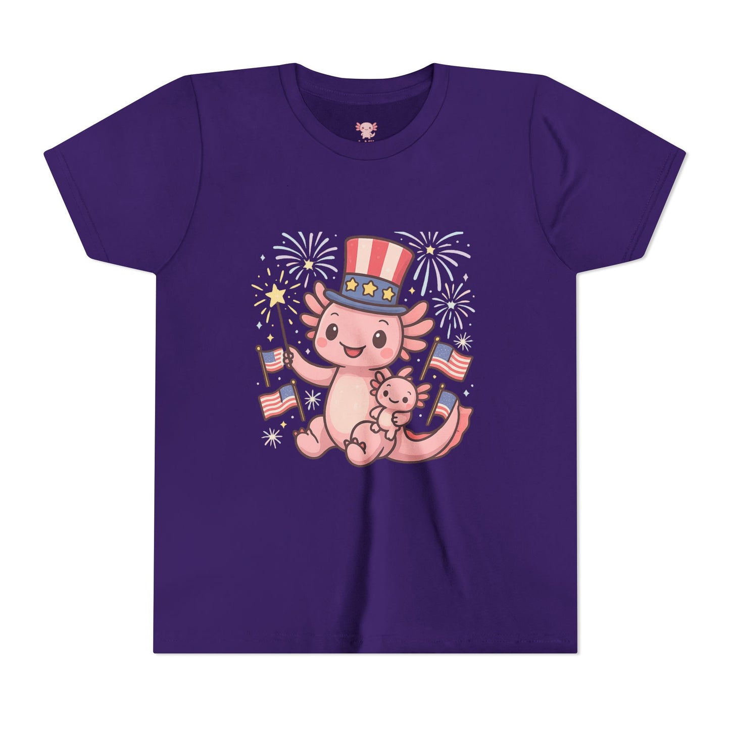 4th of July Kid's Tee, Youth Independence Day T-Shirt, Cute Patriot Axolotl Shirt, Summer Party Wear, Cute Animal Graphic Tee