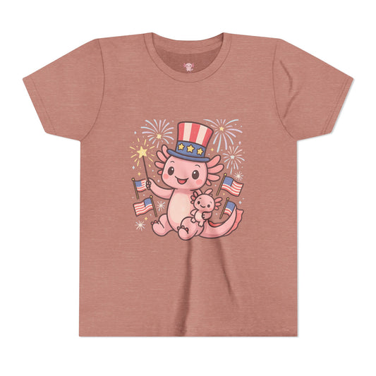 4th of July Kid's Tee, Youth Independence Day T-Shirt, Cute Patriot Axolotl Shirt, Summer Party Wear, Cute Animal Graphic Tee