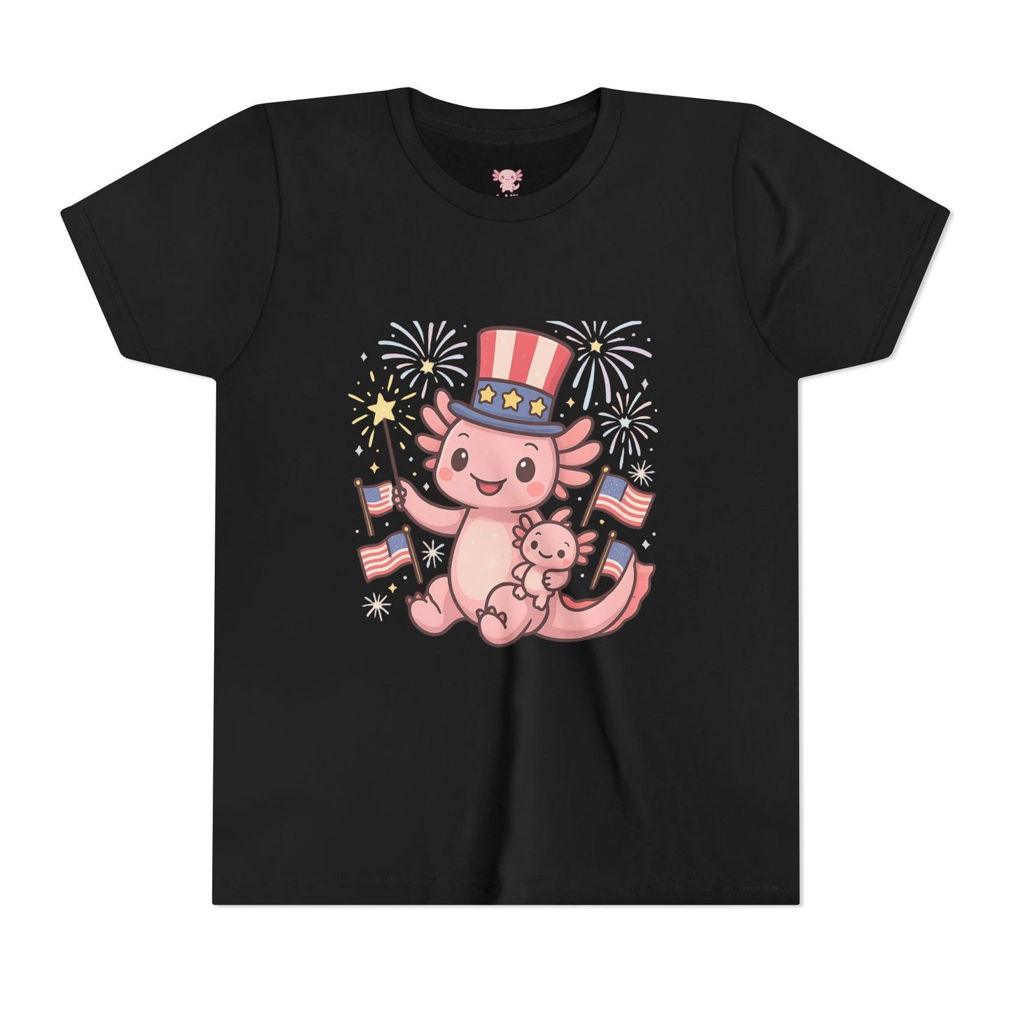 4th of July Kid's Tee, Youth Independence Day T-Shirt, Cute Patriot Axolotl Shirt, Summer Party Wear, Cute Animal Graphic Tee