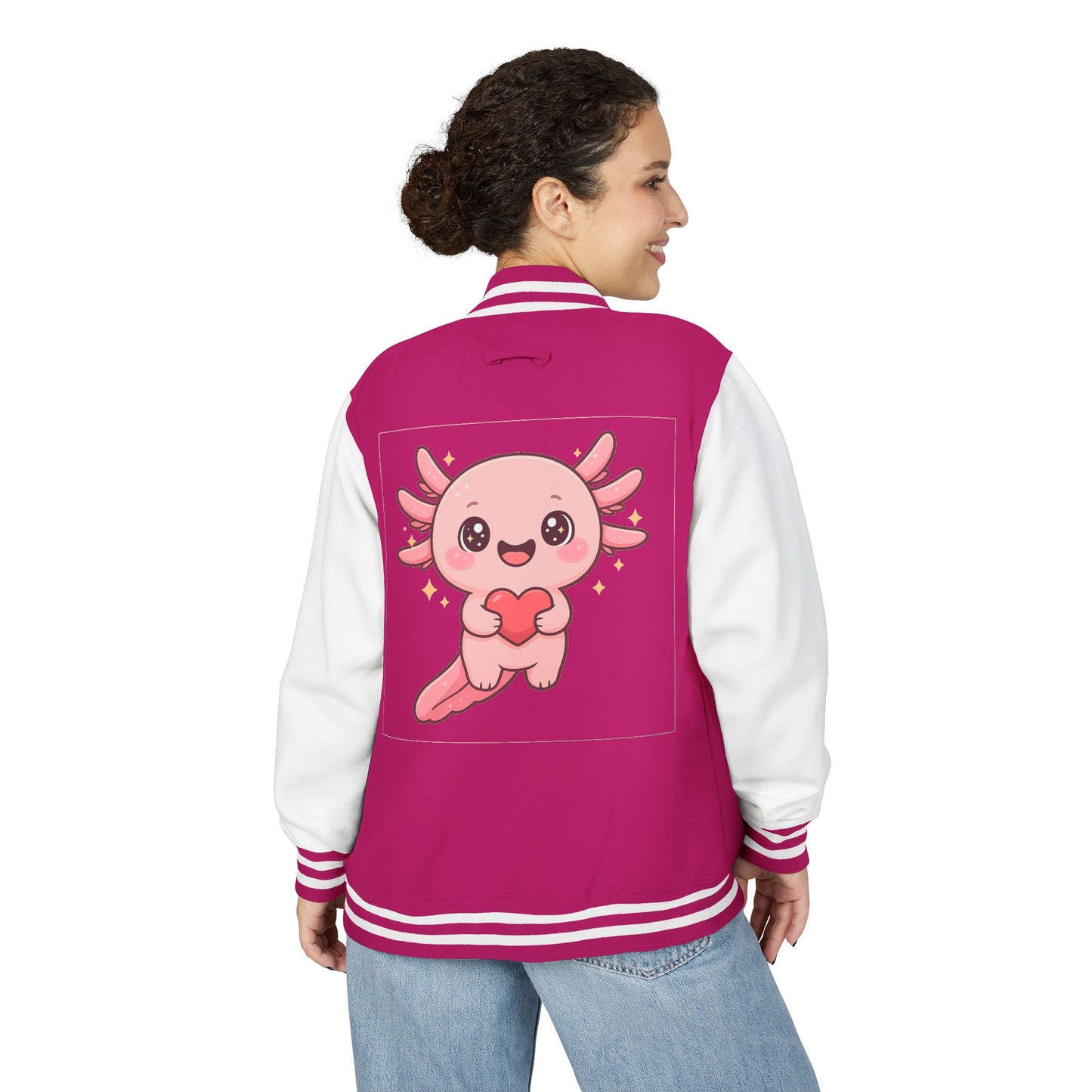 Cute Unisex Heavyweight Letterman Jacket with Adorable Axolotl Design