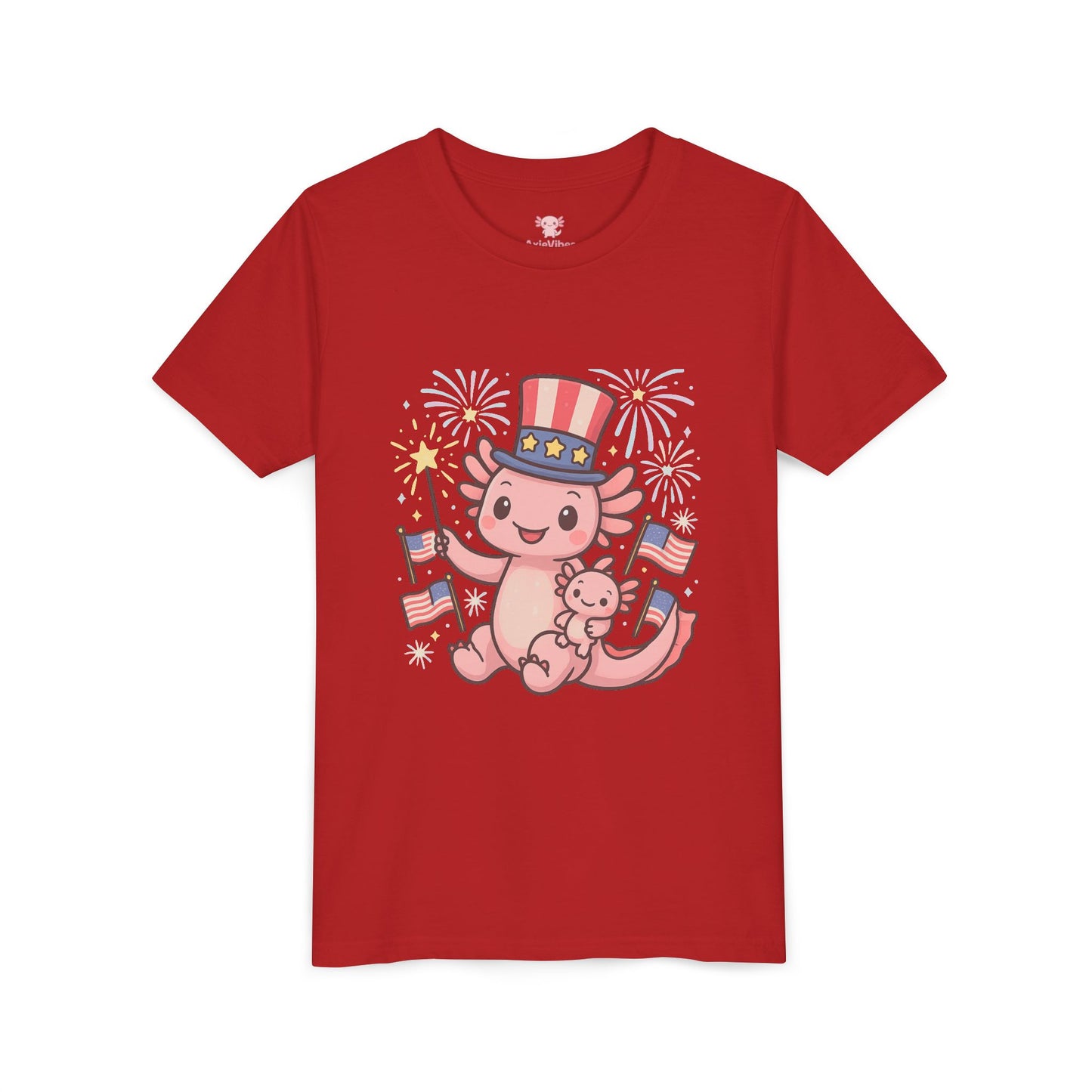 4th of July Kid's Tee, Youth Independence Day T-Shirt, Cute Patriot Axolotl Shirt, Summer Party Wear, Cute Animal Graphic Tee