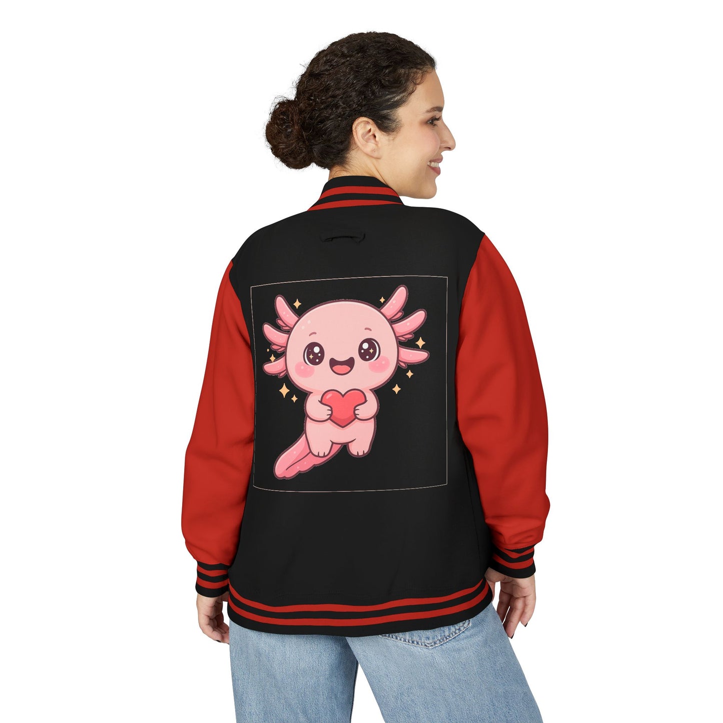Cute Unisex Heavyweight Letterman Jacket with Adorable Axolotl Design