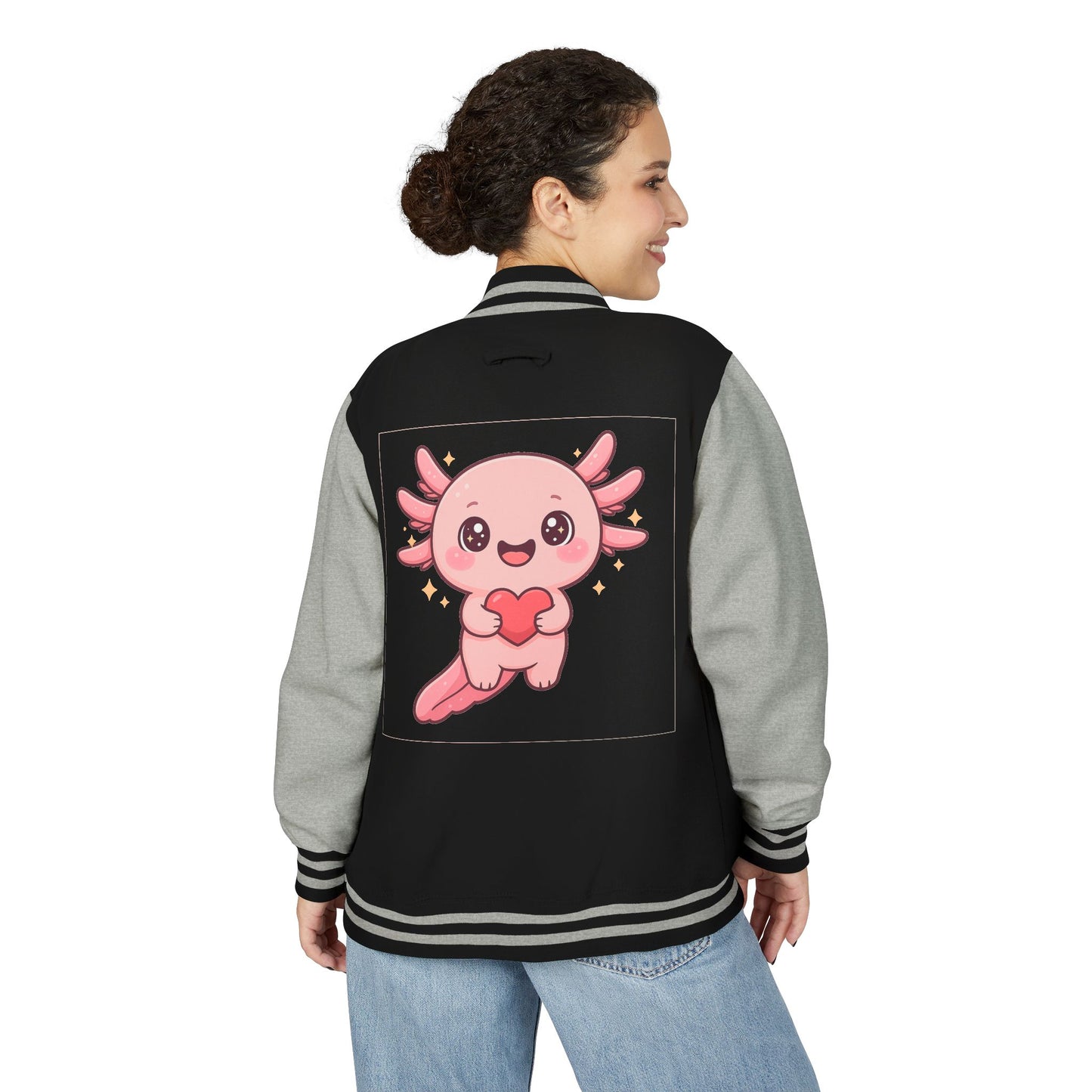 Cute Unisex Heavyweight Letterman Jacket with Adorable Axolotl Design