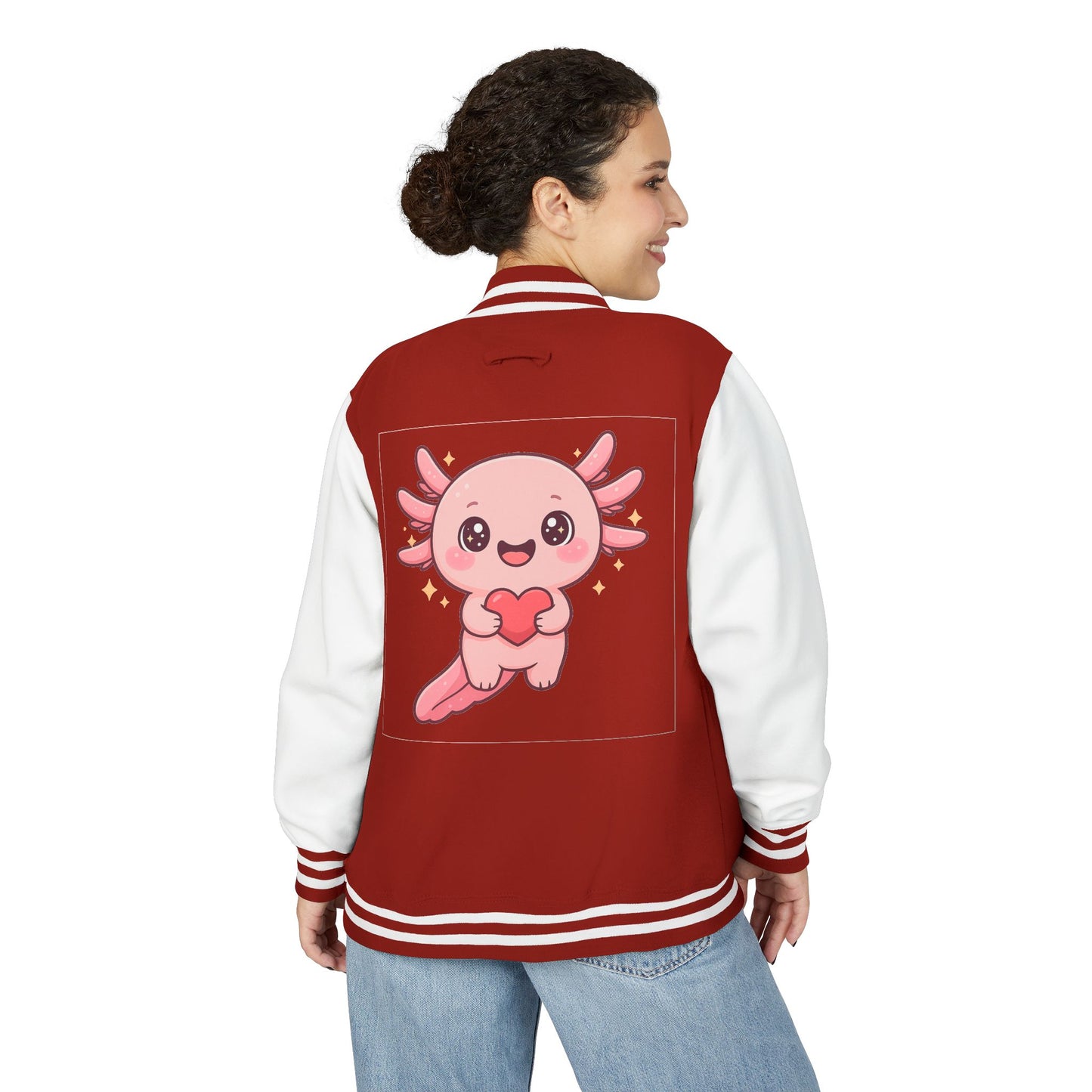 Cute Unisex Heavyweight Letterman Jacket with Adorable Axolotl Design