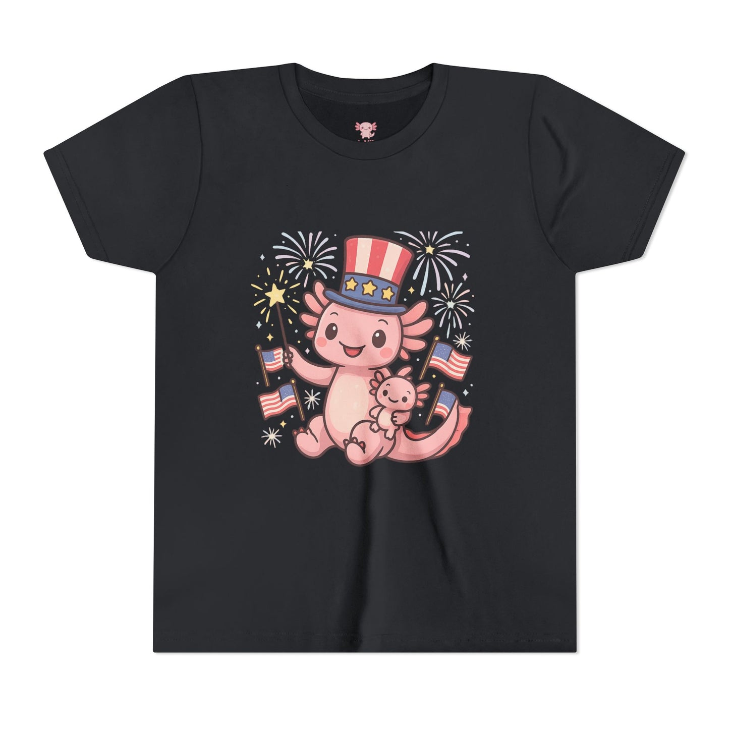 4th of July Kid's Tee, Youth Independence Day T-Shirt, Cute Patriot Axolotl Shirt, Summer Party Wear, Cute Animal Graphic Tee