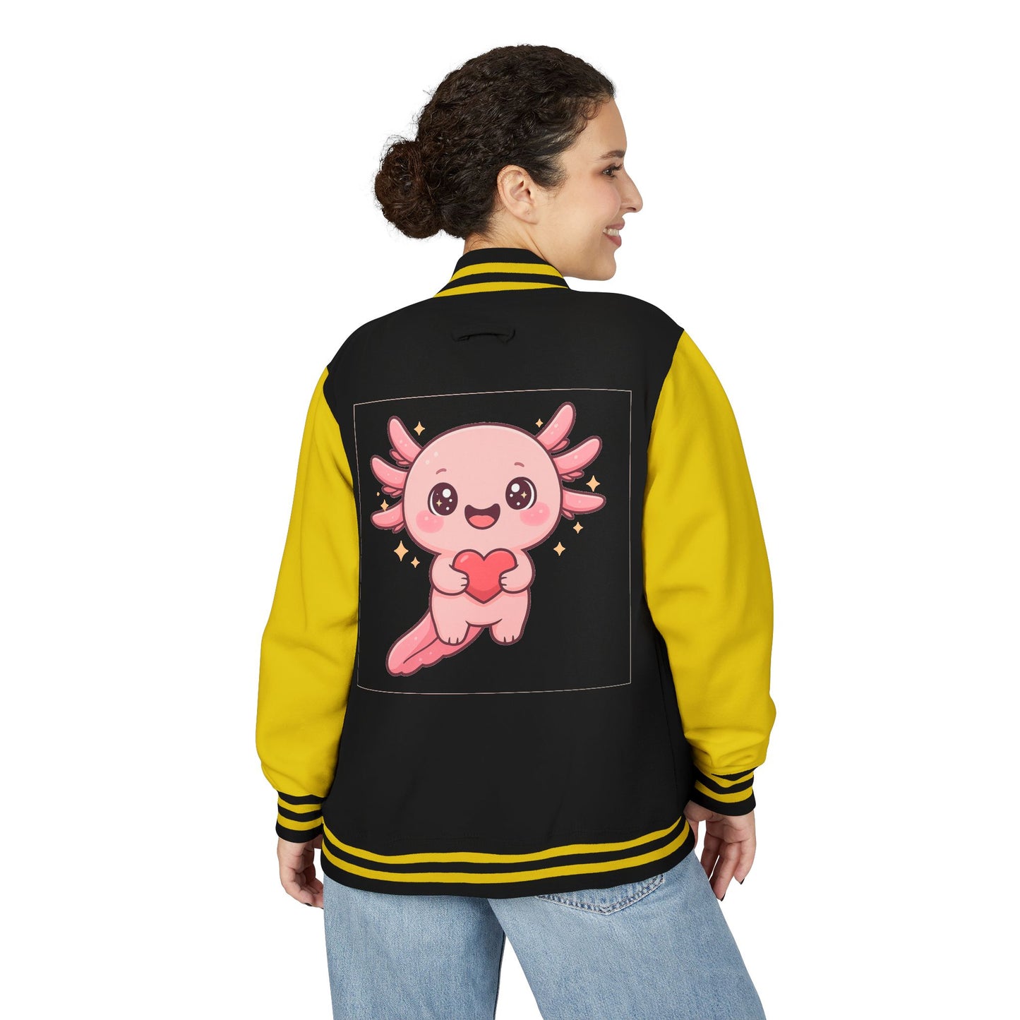 Cute Unisex Heavyweight Letterman Jacket with Adorable Axolotl Design