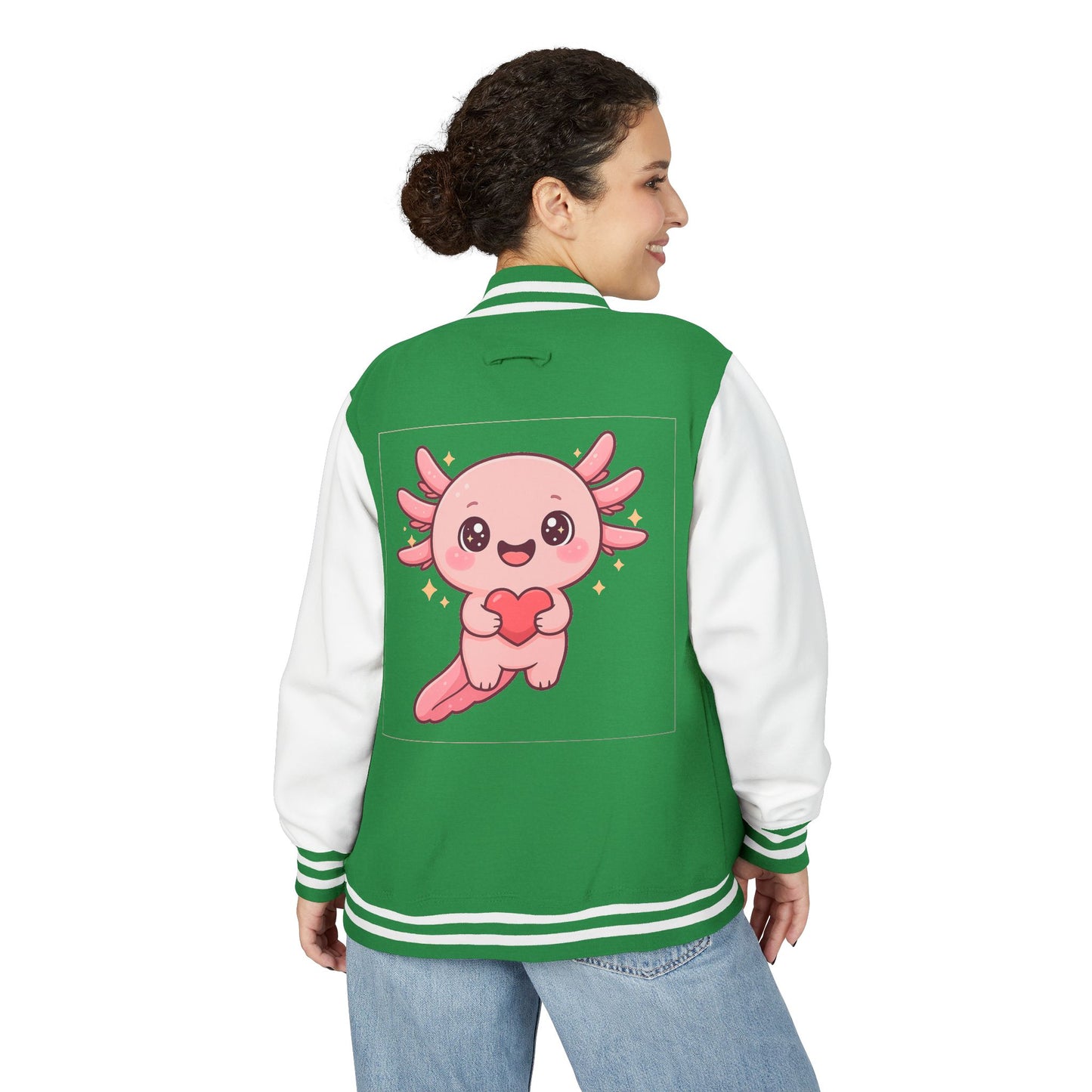 Cute Unisex Heavyweight Letterman Jacket with Adorable Axolotl Design