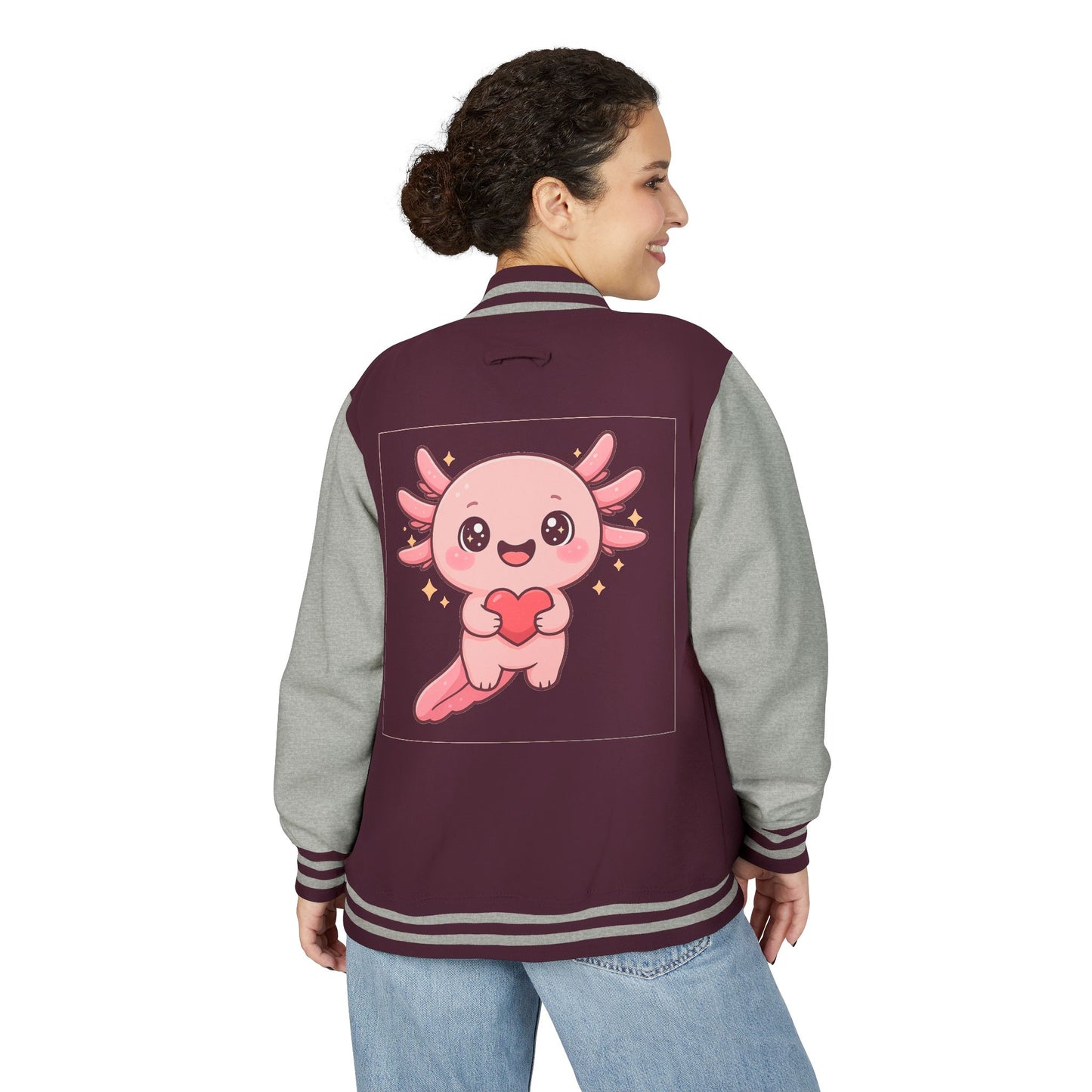 Cute Unisex Heavyweight Letterman Jacket with Adorable Axolotl Design