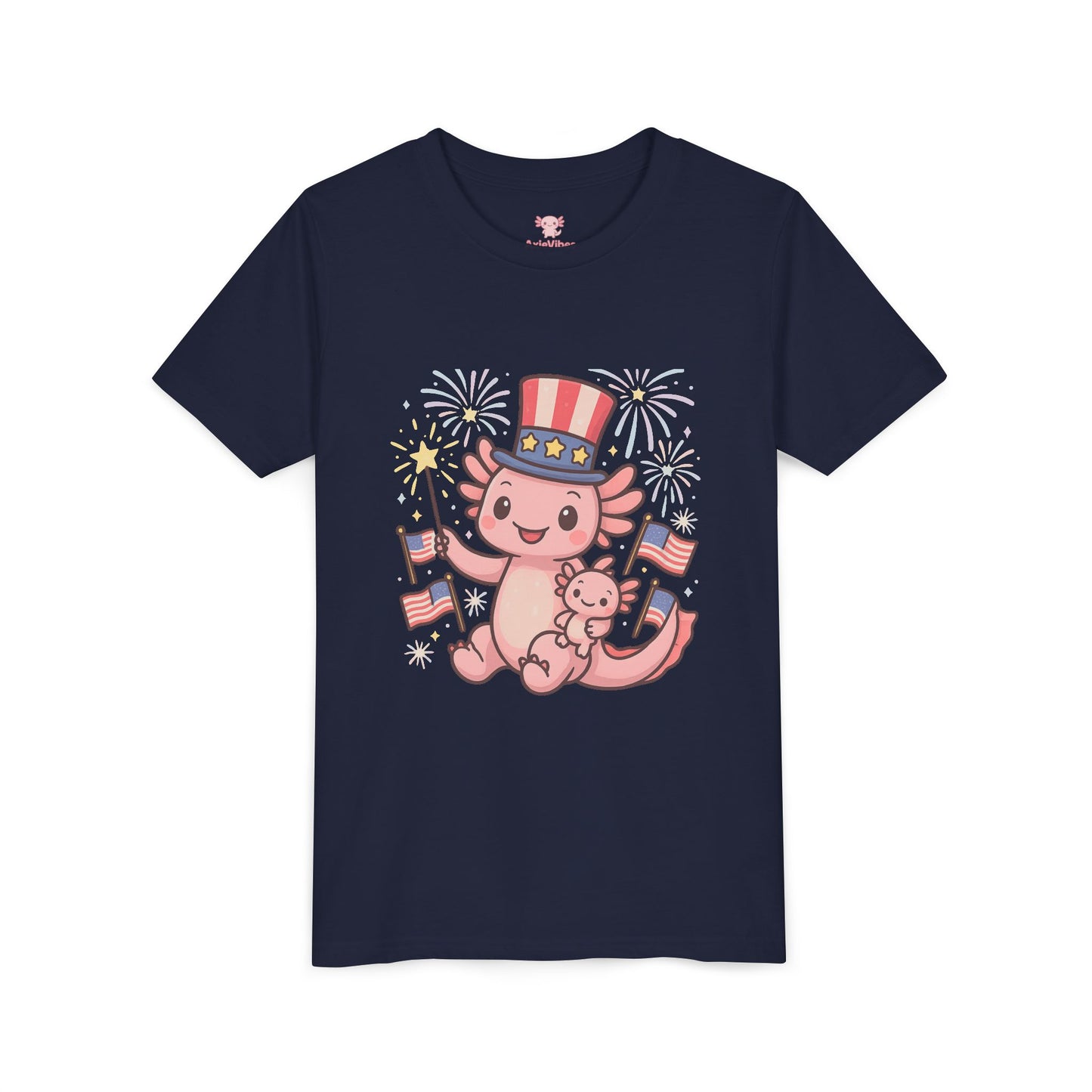 4th of July Kid's Tee, Youth Independence Day T-Shirt, Cute Patriot Axolotl Shirt, Summer Party Wear, Cute Animal Graphic Tee