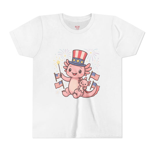 4th of July Kid's Tee, Youth Independence Day T-Shirt, Cute Patriot Axolotl Shirt, Summer Party Wear, Cute Animal Graphic Tee