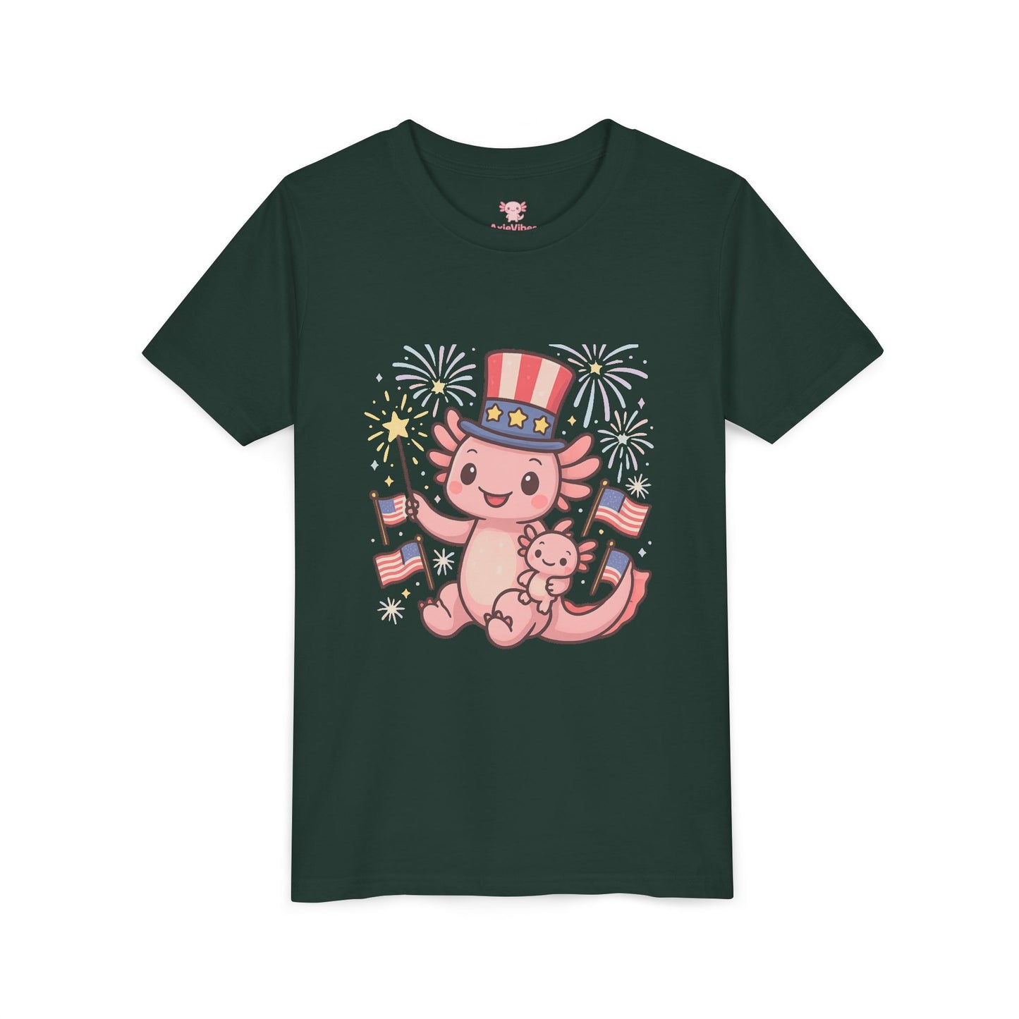4th of July Kid's Tee, Youth Independence Day T-Shirt, Cute Patriot Axolotl Shirt, Summer Party Wear, Cute Animal Graphic Tee