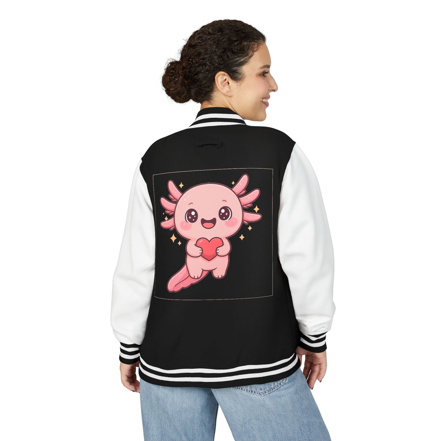 Cute Unisex Heavyweight Letterman Jacket with Adorable Axolotl Design