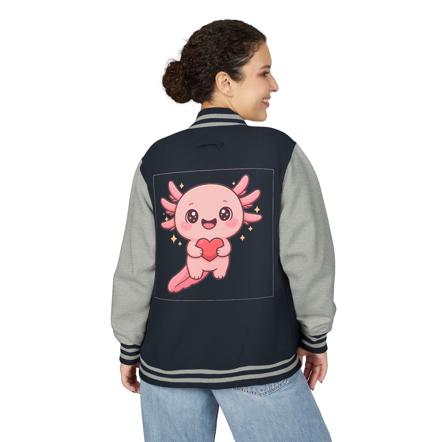 Cute Unisex Heavyweight Letterman Jacket with Adorable Axolotl Design