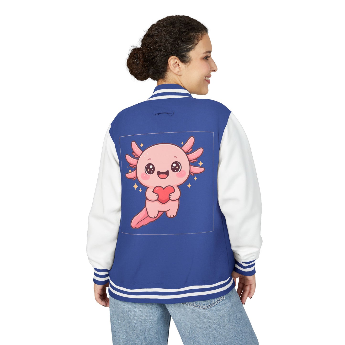 Cute Unisex Heavyweight Letterman Jacket with Adorable Axolotl Design